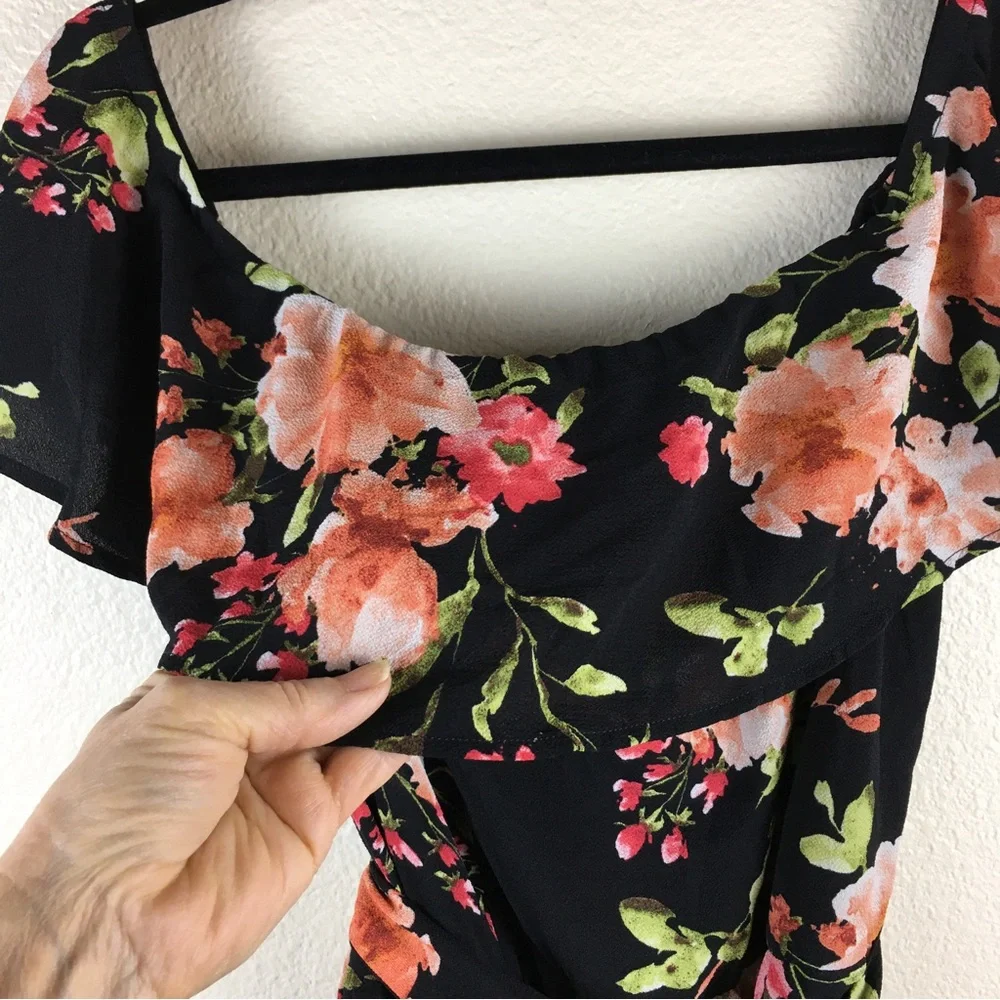 Premier Amour Floral Romper Crepe Ruffle Short Sleeve Off Shoulder Back Zip 10